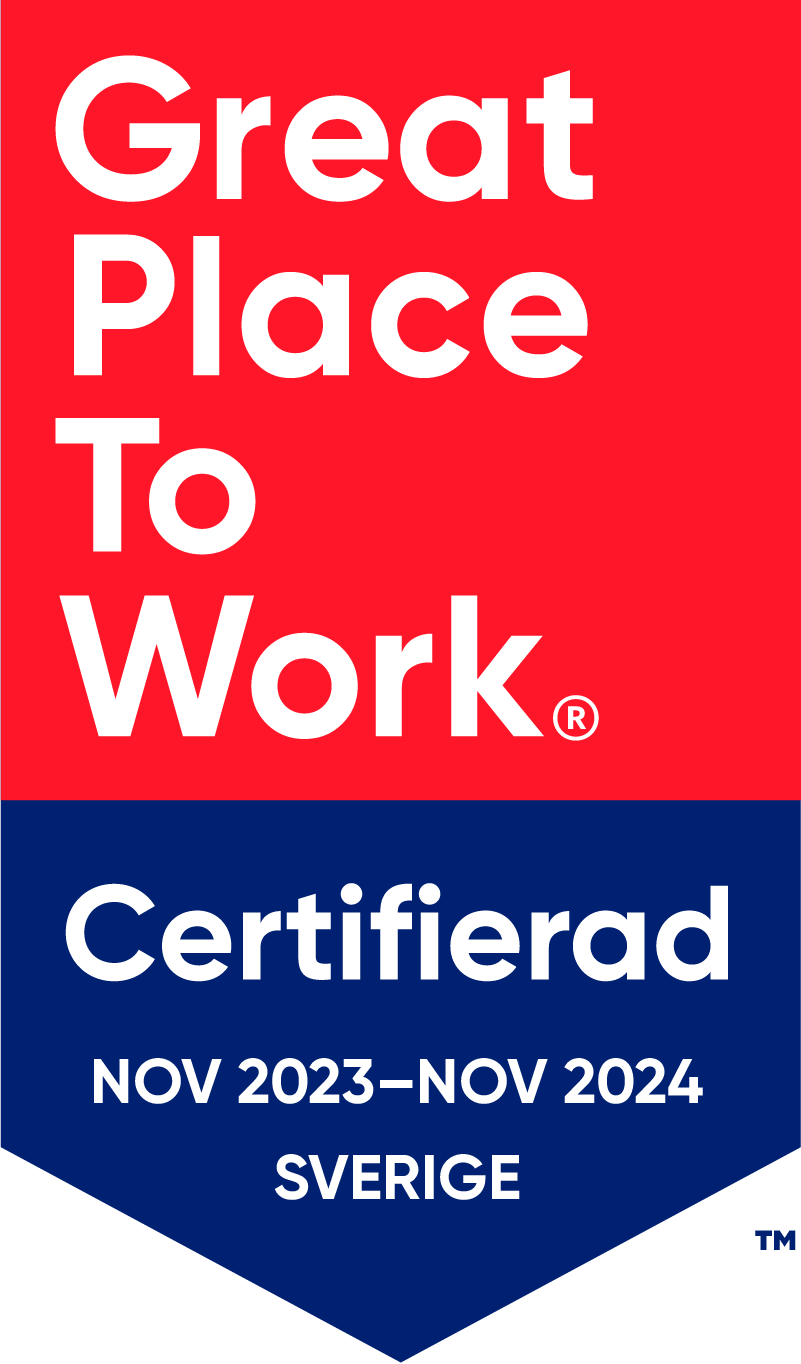 Emblem i blått och rött med texten Great Place to Work