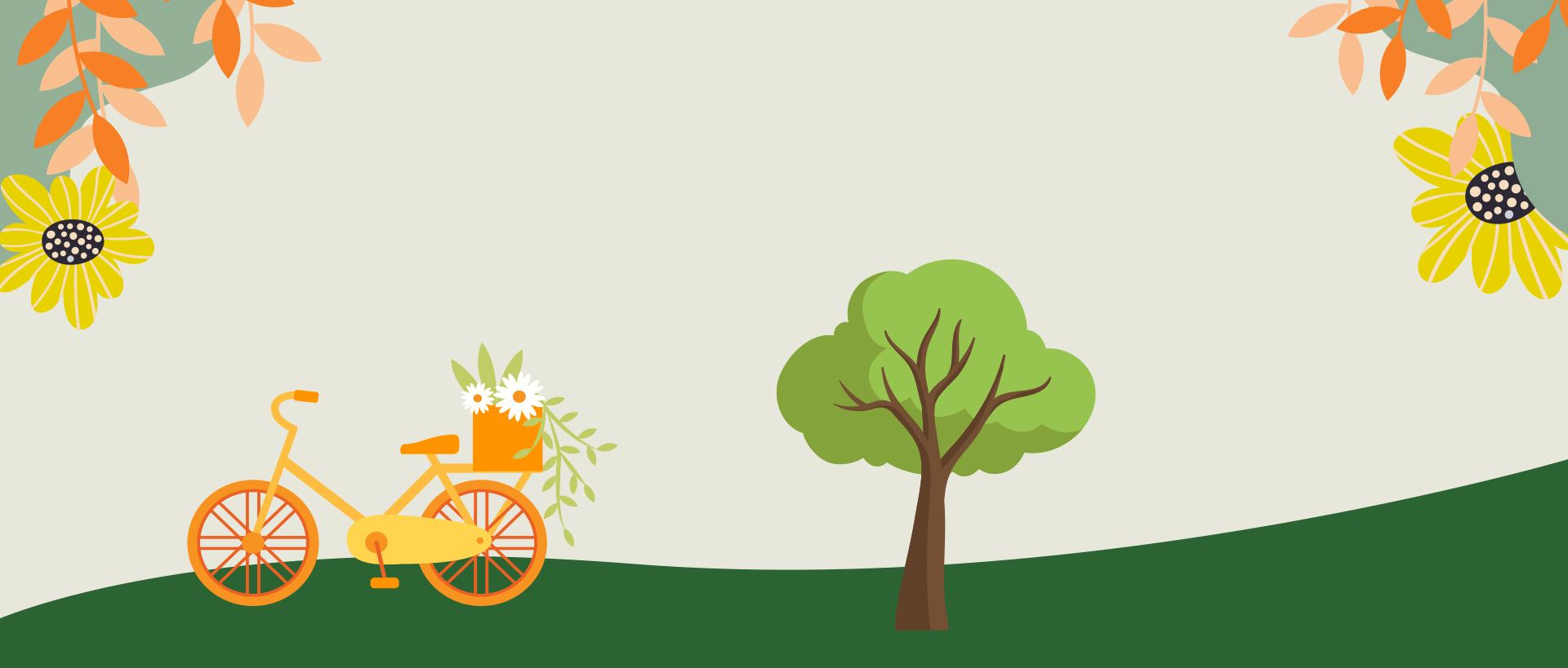 Illustration med orange cykel och ett träd på en gräsmatta med beige bakgrund och blommor i övre hö