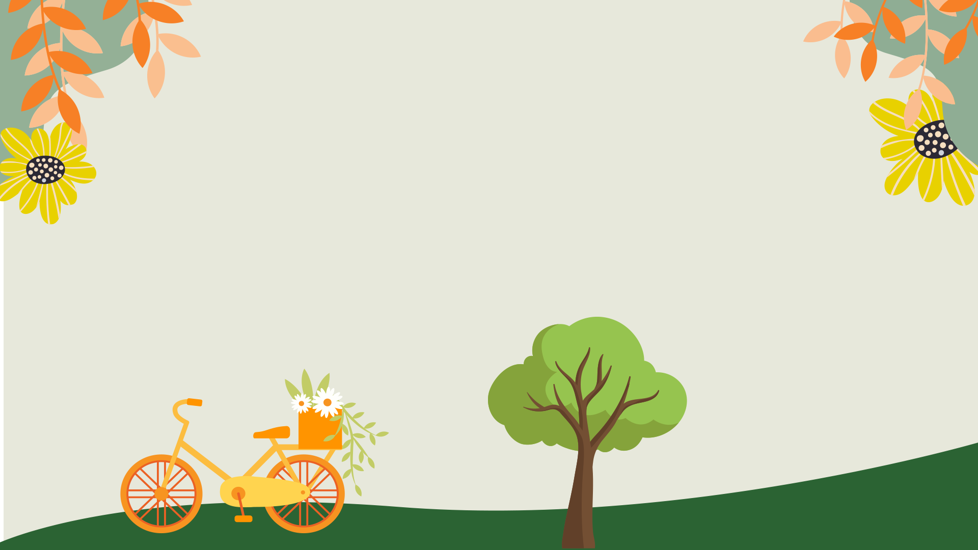 Illustration med orange cykel och ett träd på en gräsmatta med beige bakgrund och blommor i övre hö