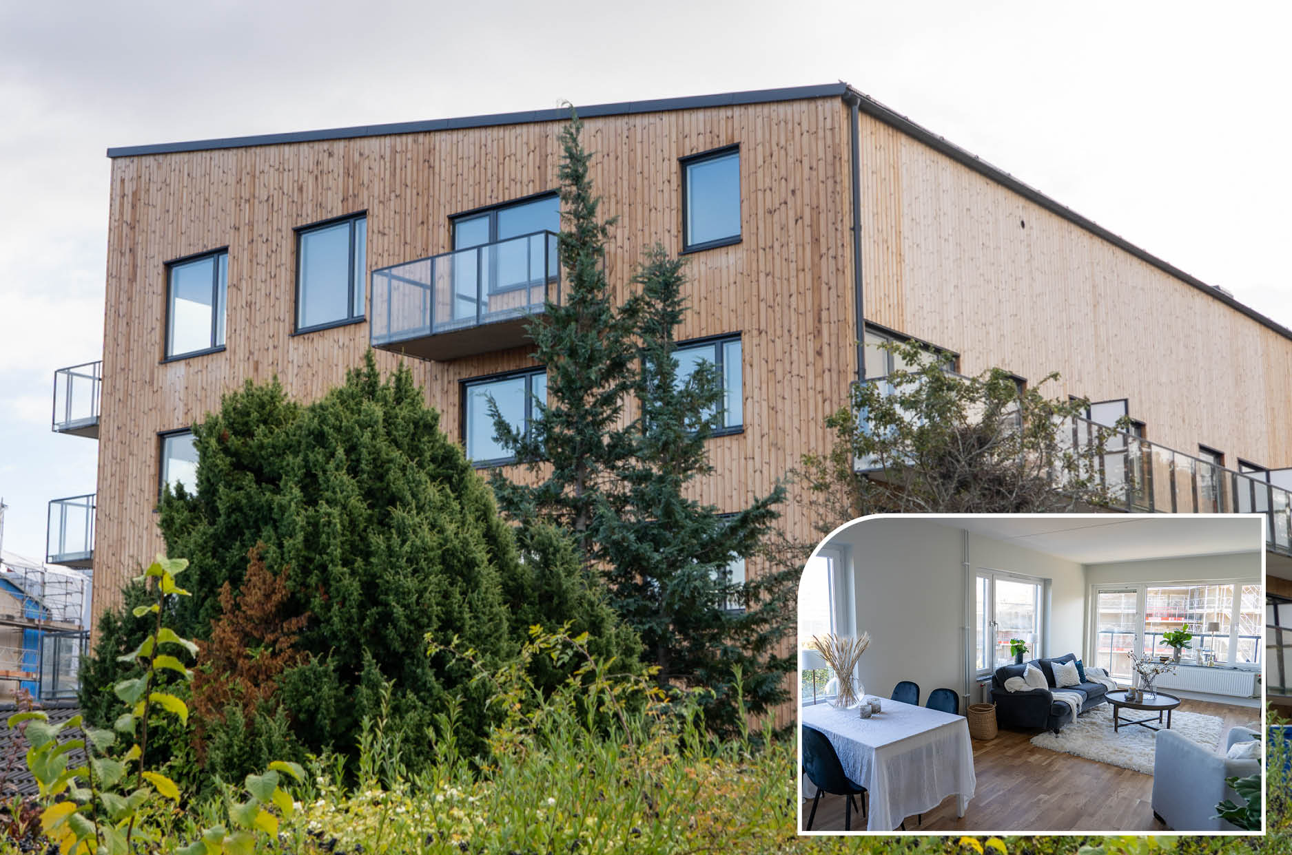Flerbostadshus med träfasad i brunt tillsammans med en infälld bild som visar en möblerad lägenhet.