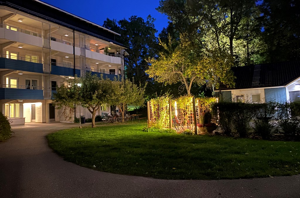 innergård med gräsmatta, gångväg, träd och en upplyst pergola framför ett flerbostadshus