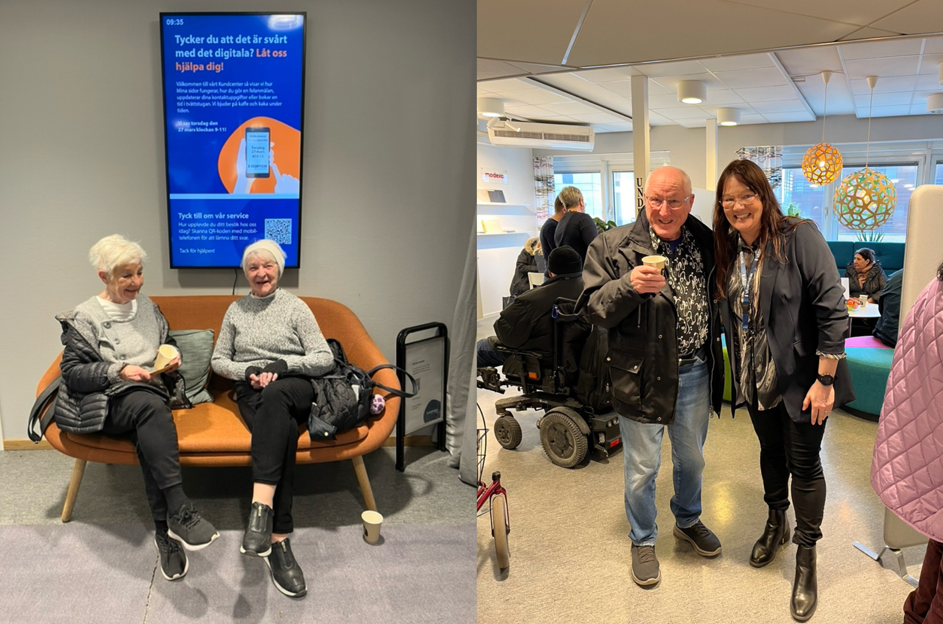 Två kvinnor sitter i en soffa med en tv-skärm i bakgrunden och en man och en kvinna står bredvid va