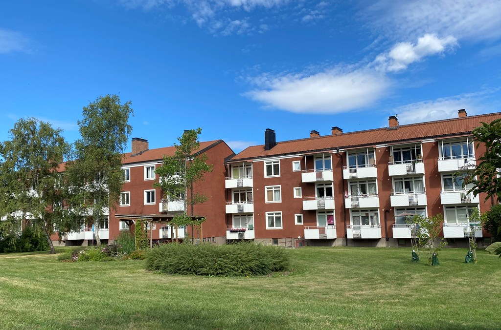 Brunfärgat flerbostadshus i tre våningar med vita balkonger och vitt kring fönstren och i förgrunden en gräsmatta med buskar och träd