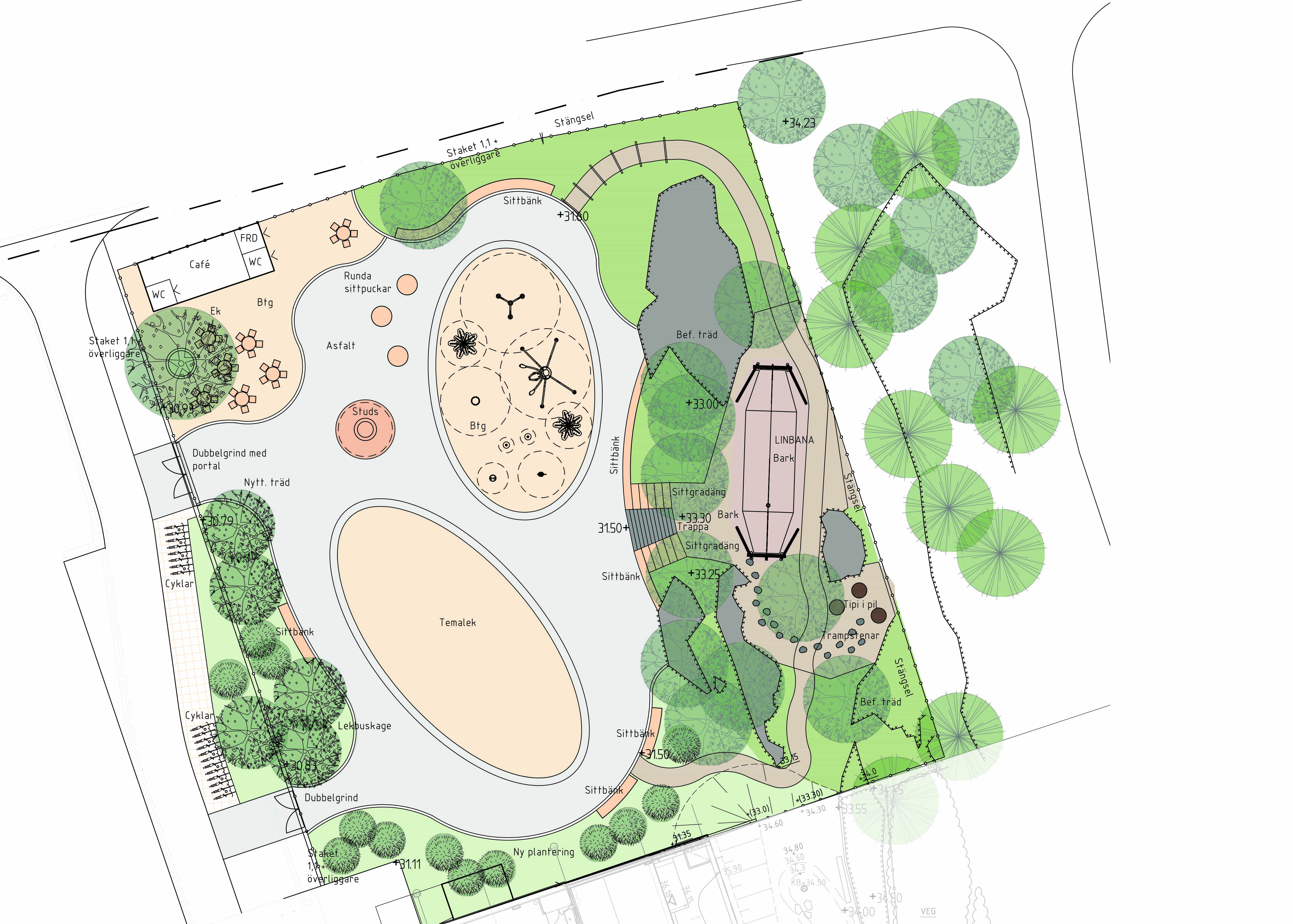 Idéskiss av en temapark sedd ovanifrån.