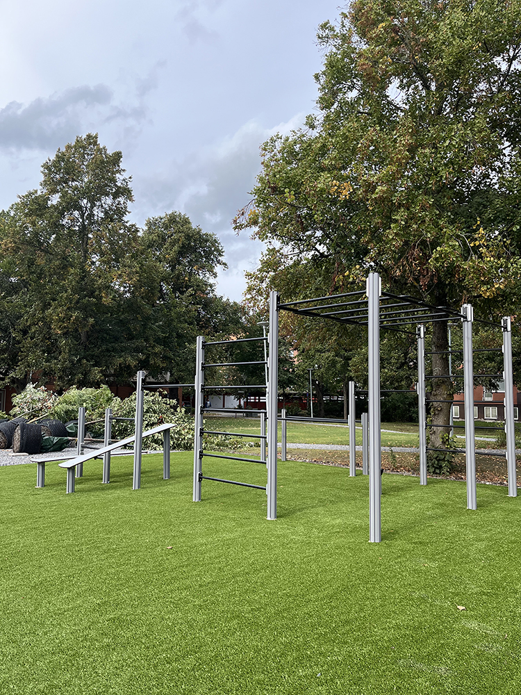 Utegym med redskap på grön gräsyta och träd i bakgrunden.