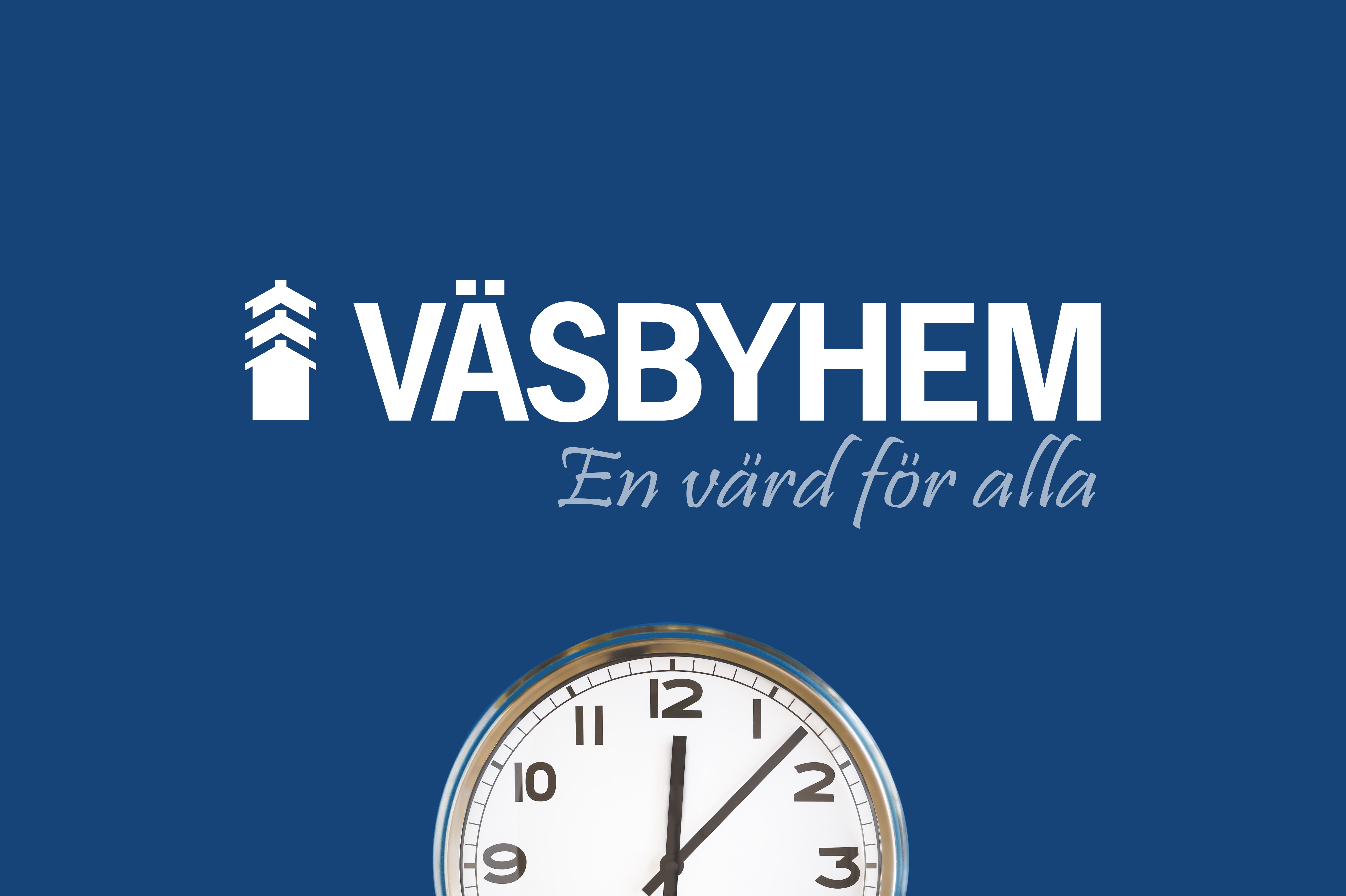 En bild med Väsbyhems logotyp och en traditionell klocka