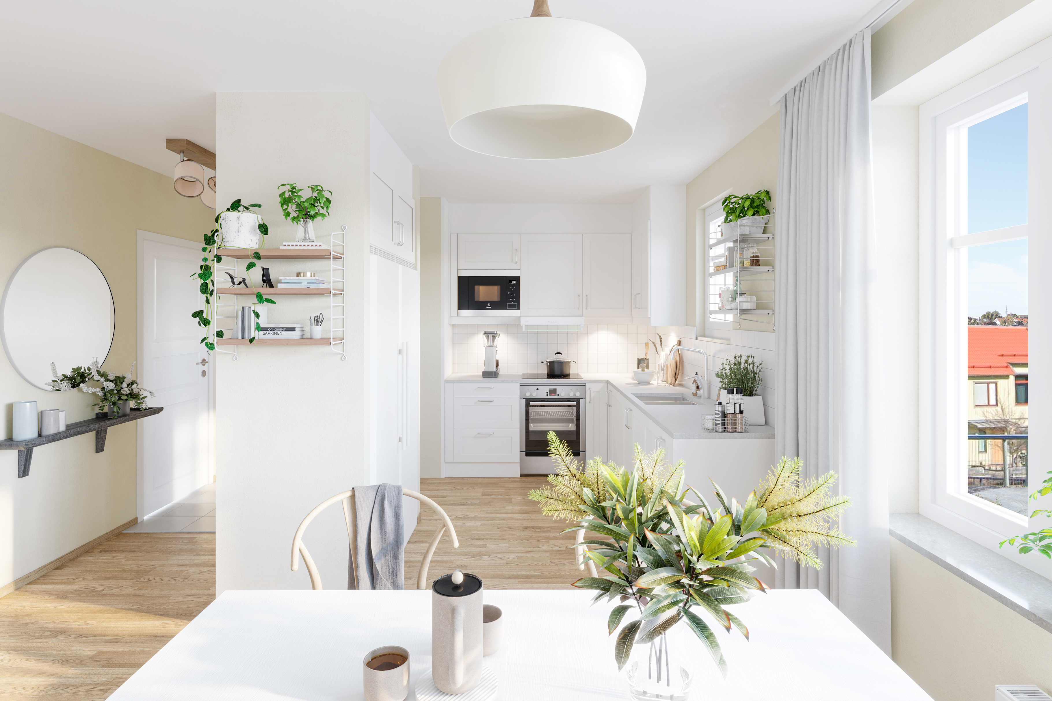 Kök i vitt med ekparkettgolv inrett med vita möbler och köksskåp.