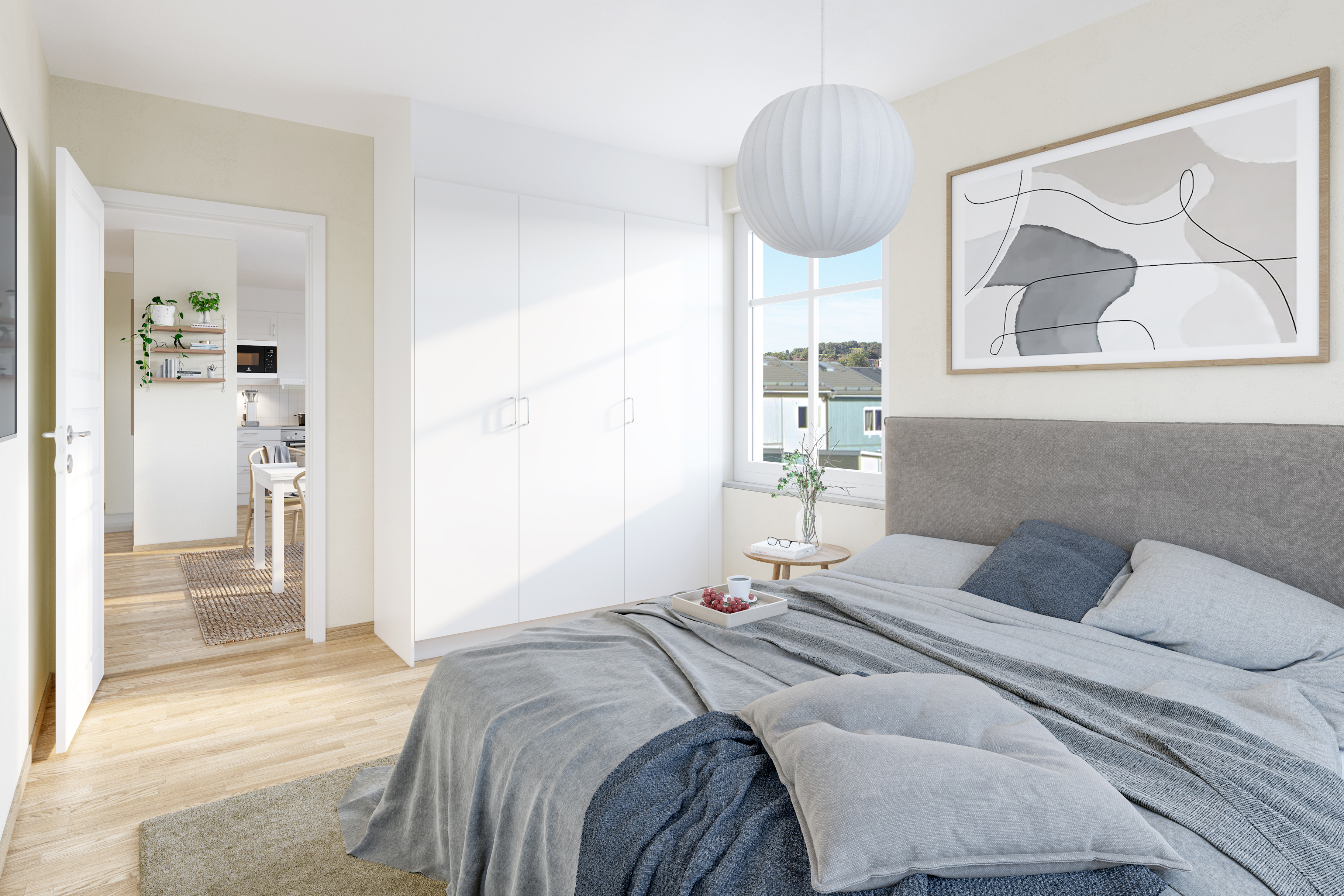 Sovrum med vita väggar, ekparkettgolv, öppen dörr mot kök. Sovrummet inrett med dubbelsäng i grått, tavla och vit taklampa.